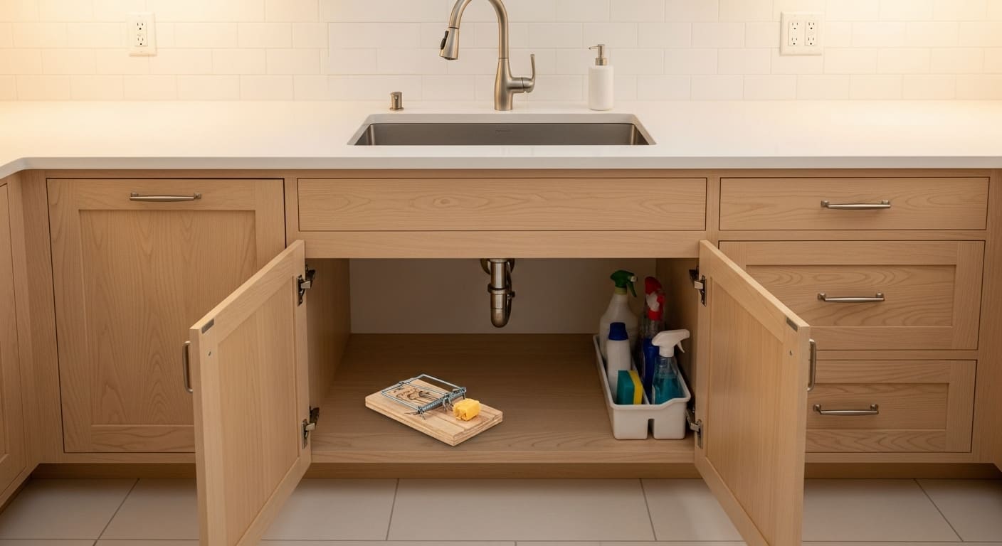 Clean kitchen with Mouse traps under sink Clean kitchen with Mouse traps under sink