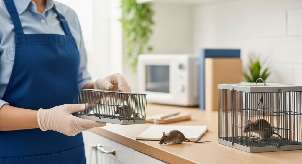 pest Control technician handling mouse traps in North york homes